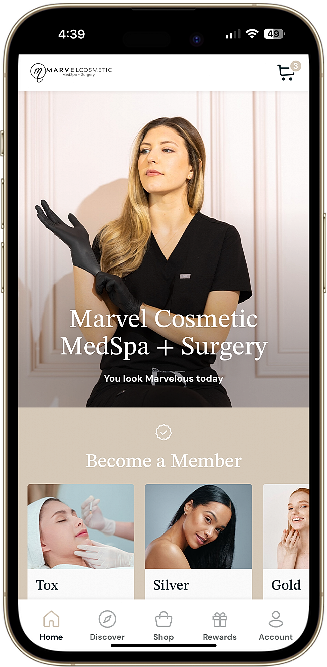 Mobile app screenshot for a cosmetic medspa.