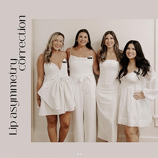 Group of women promoting lip asymmetry correction.