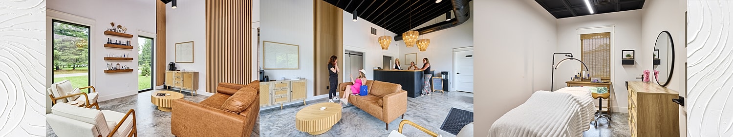 Modern spa interior with reception and treatment areas.