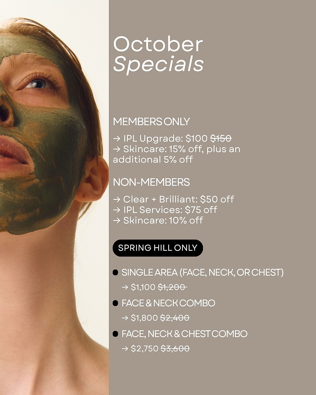 October skincare specials and pricing information.